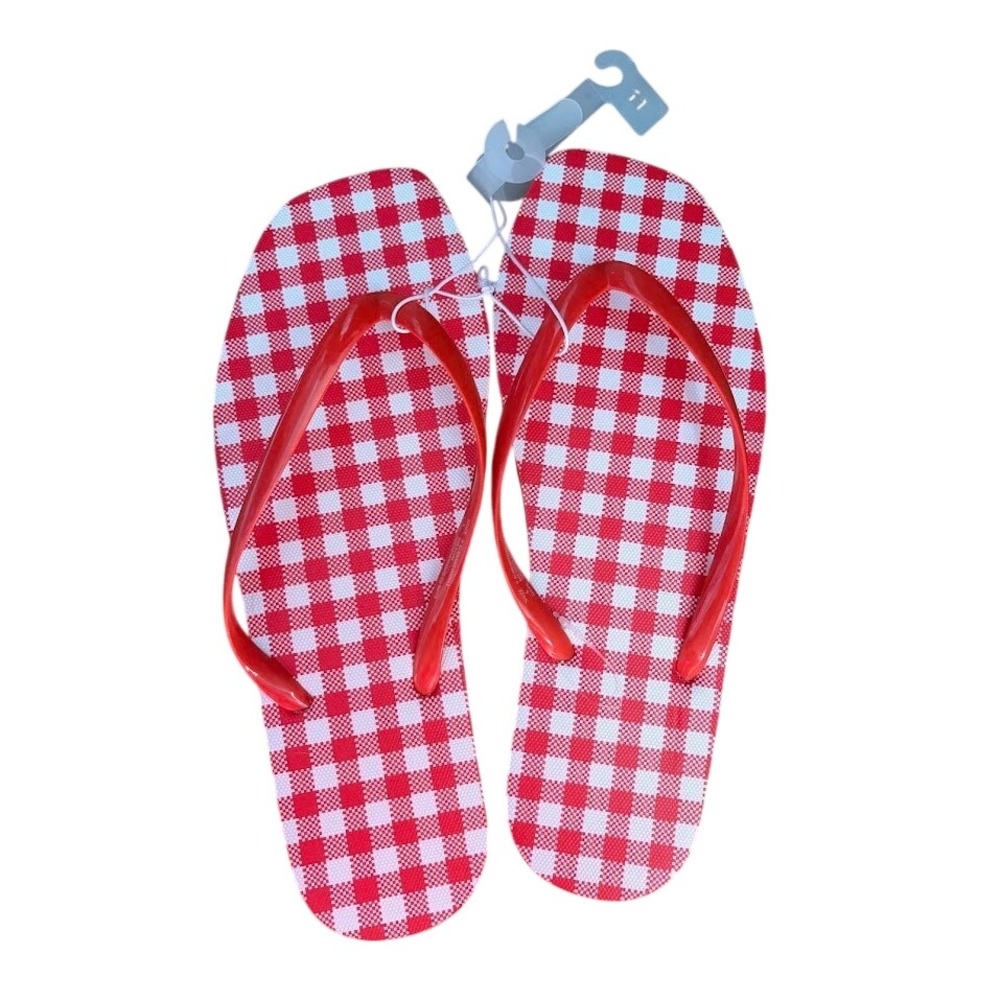 Womens Red White Gingham Print Flip Flops Red Jelly Strap Sandals Size 11 NEW
